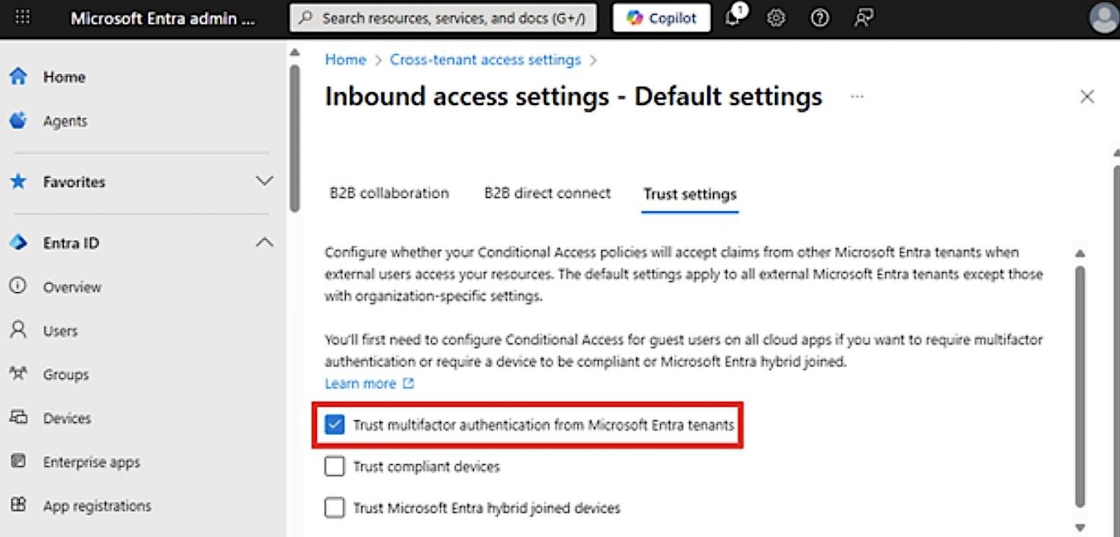 Trust MFA option in the Entra admin center