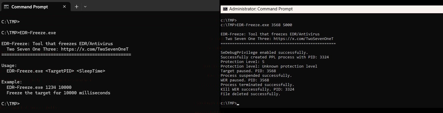 Definindo os parâmetros (à esquerda) e suspendendo o Windows Defender (à direita)