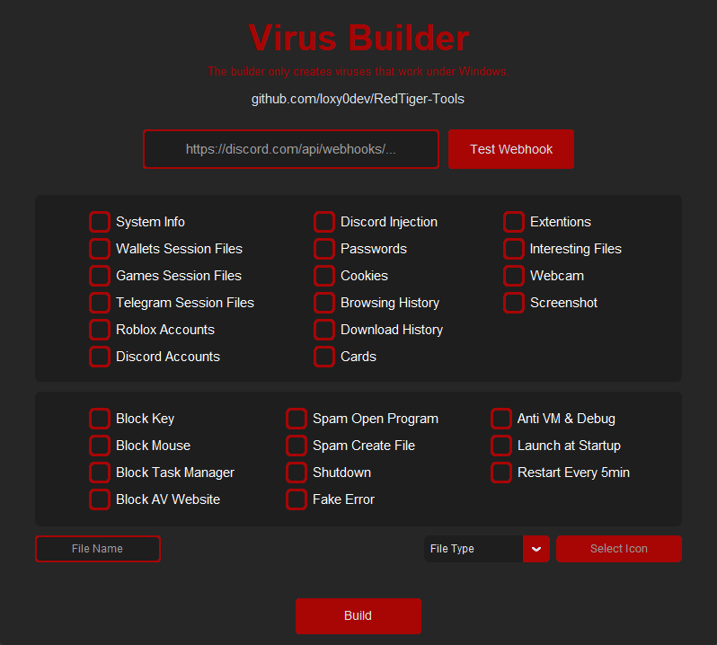 RedTiger's malware builder