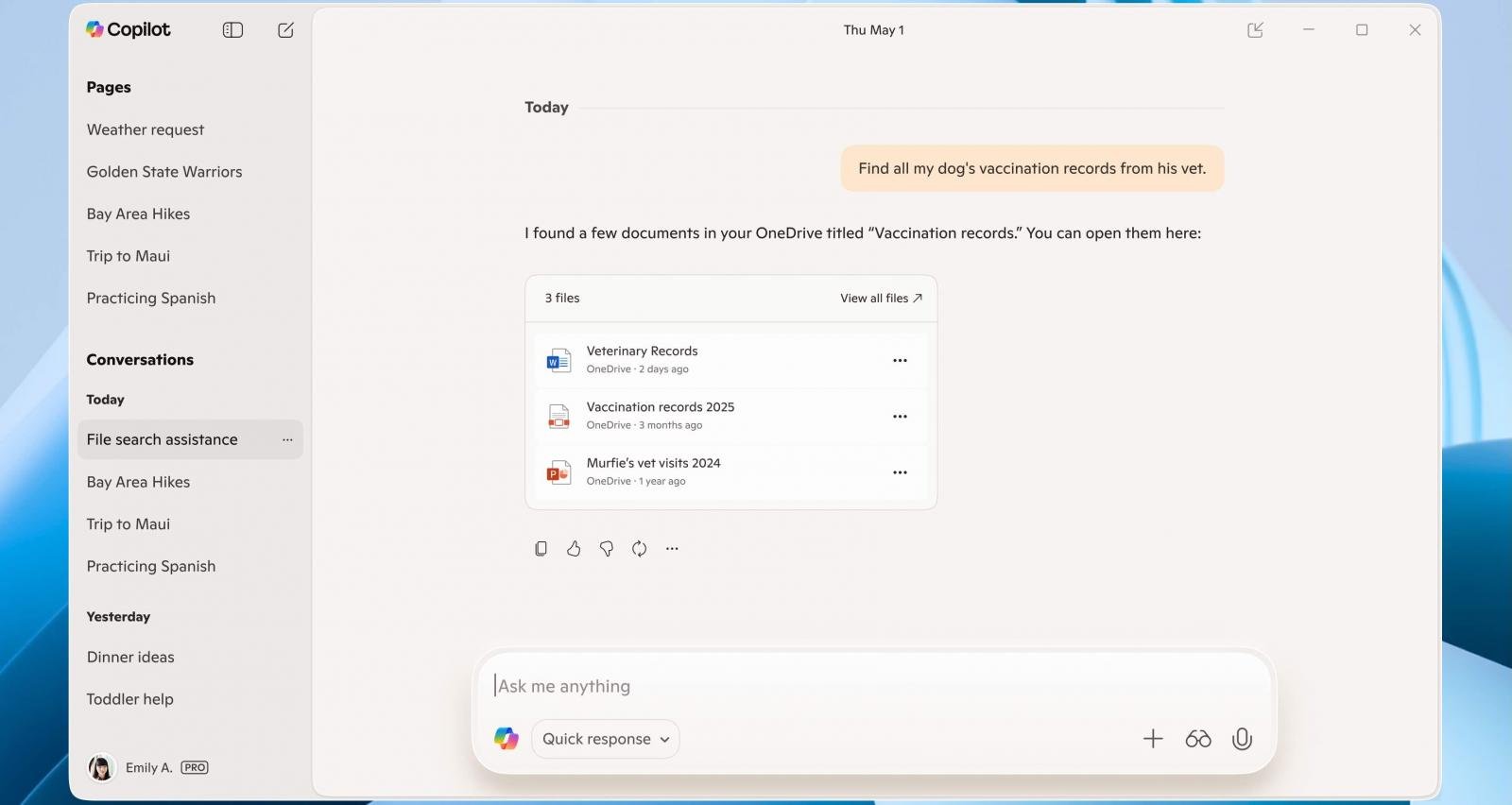 Copilot pesquisando arquivos do OneDrive