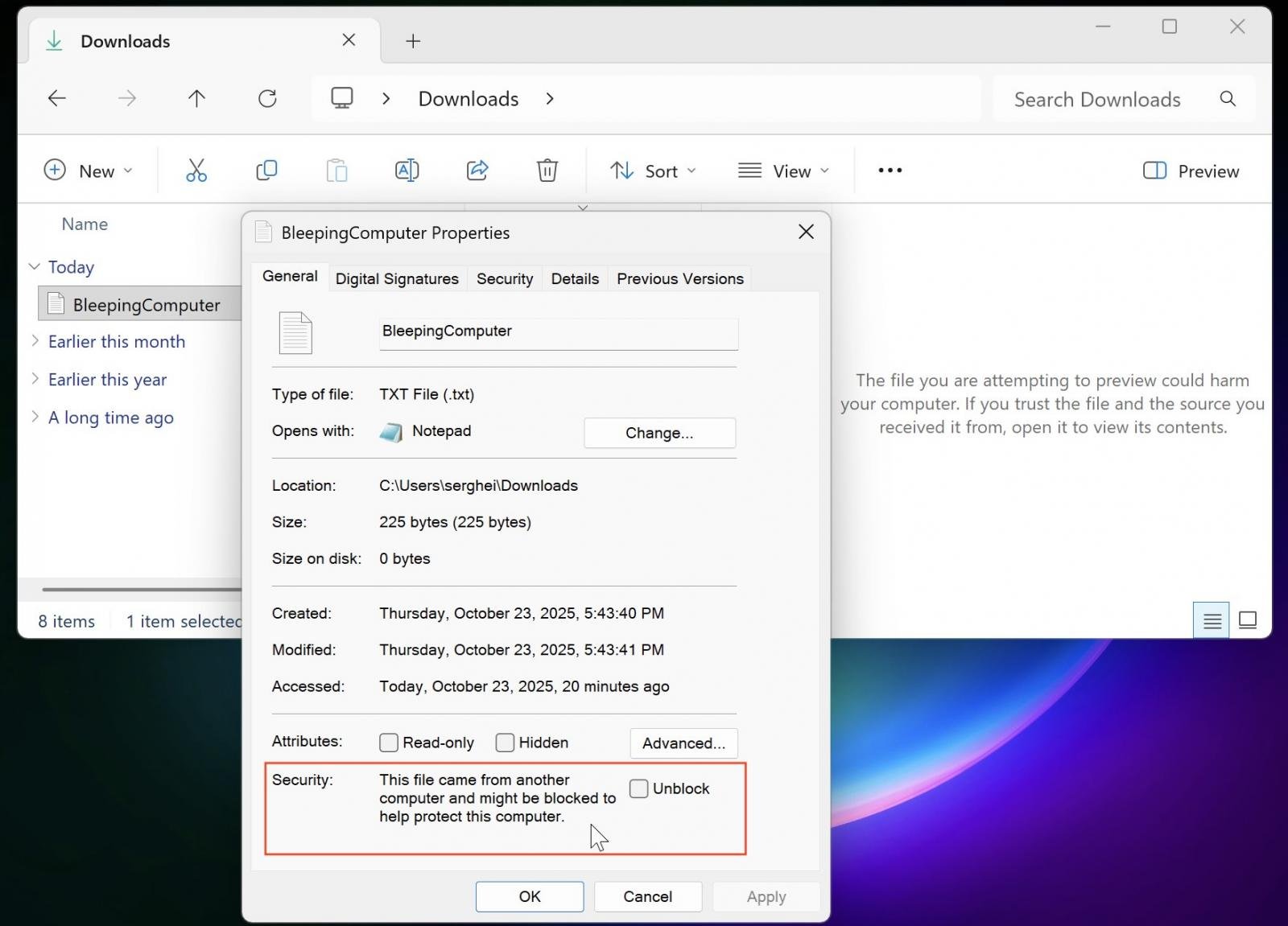 File Explorer preview disabled for downloaded file