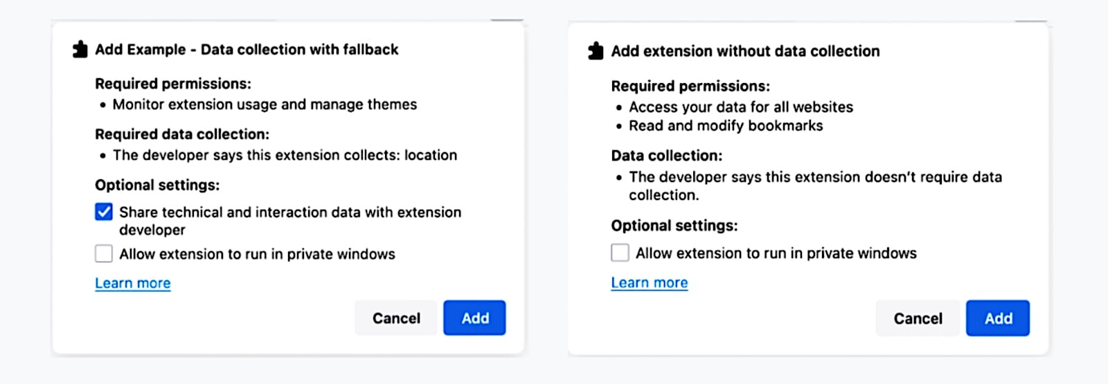Firefox extensions data collection disclosure
