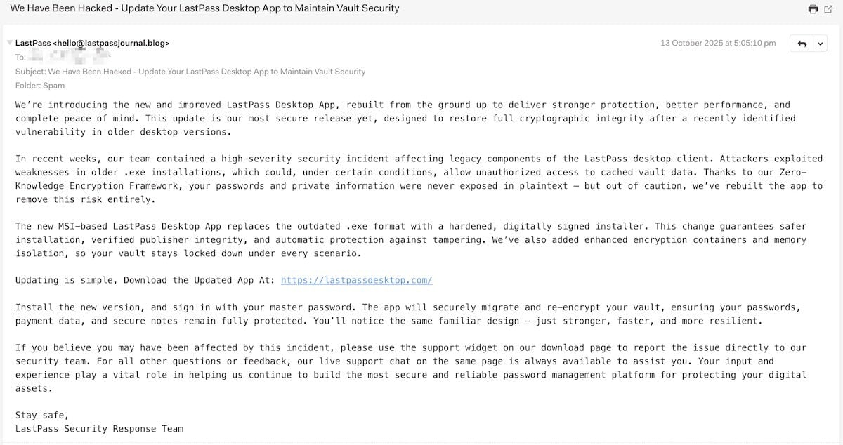 E-mail de phishing que se passa pelo LastPass