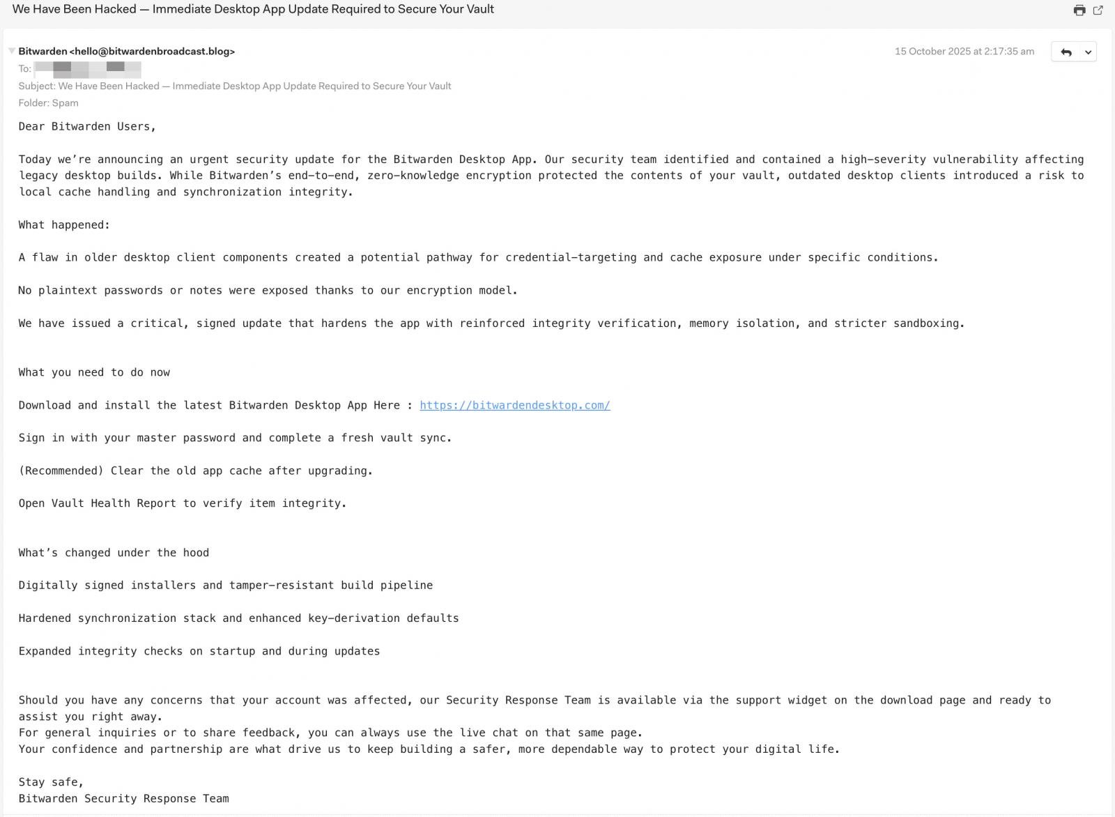 E-mail de phishing Bitwarden