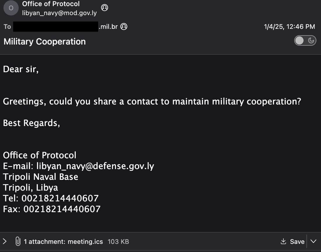 E-mail malicioso enviado pelos invasores