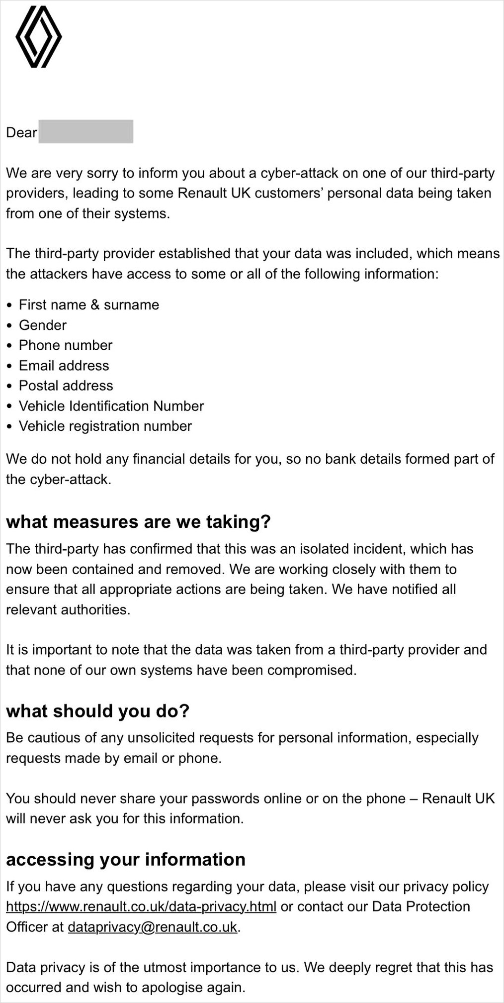 Aviso da Renault aos clientes