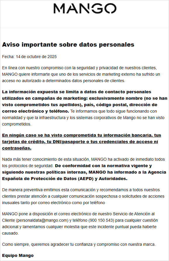 Aviso enviado aos clientes