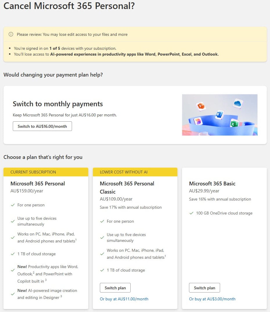 Cancellation step showing all available options