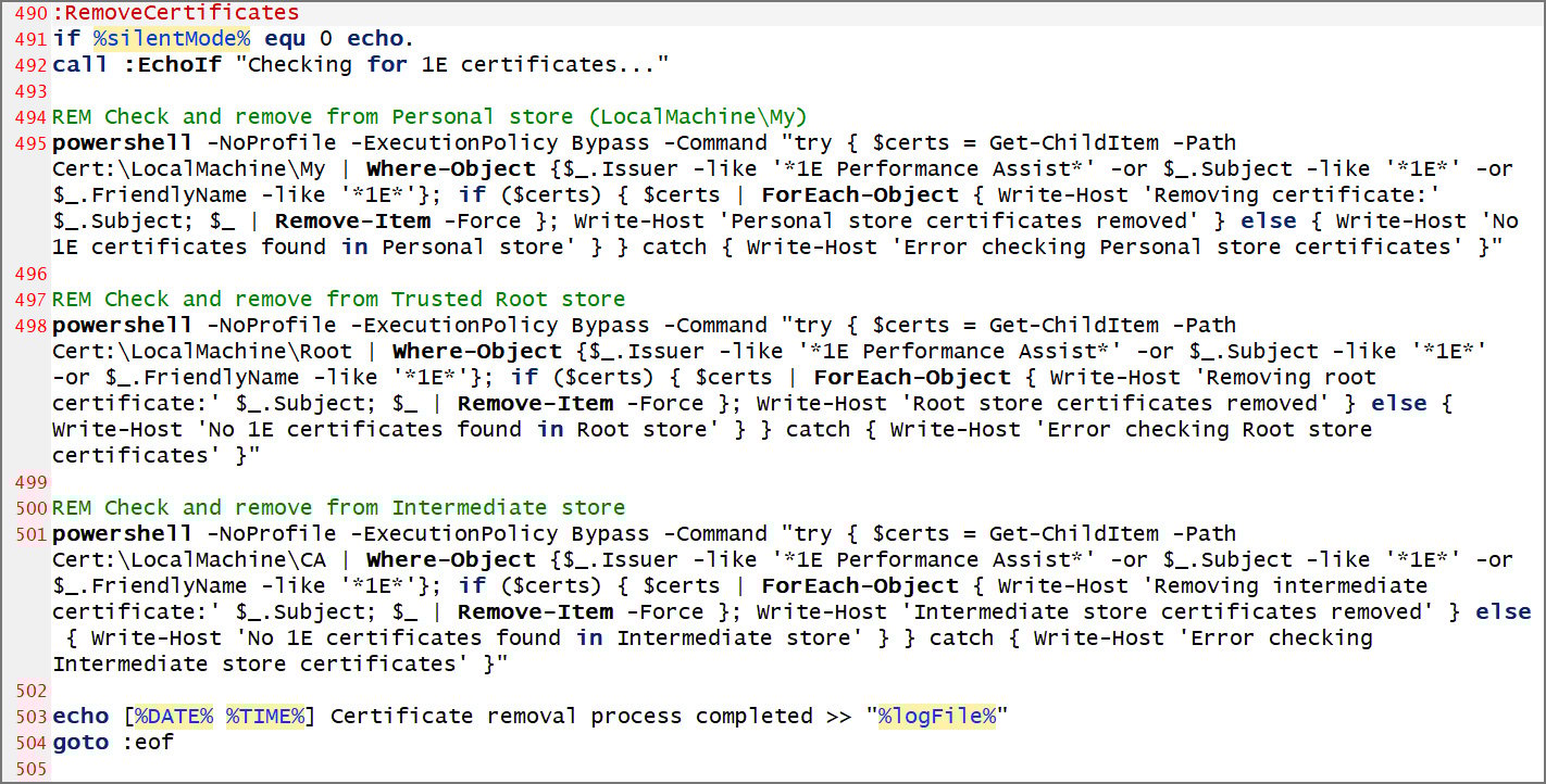 Subroutine removes all certificates whose properties contain "1E"