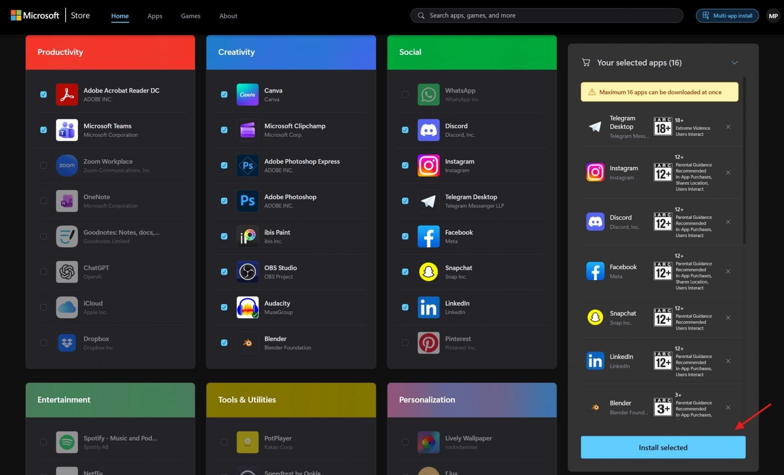 P&aacute;gina de instala&ccedil;&atilde;o de v&aacute;rios aplicativos