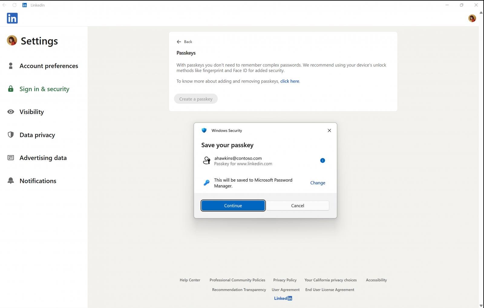Senha do LinkedIn salva no Microsoft Password Manager