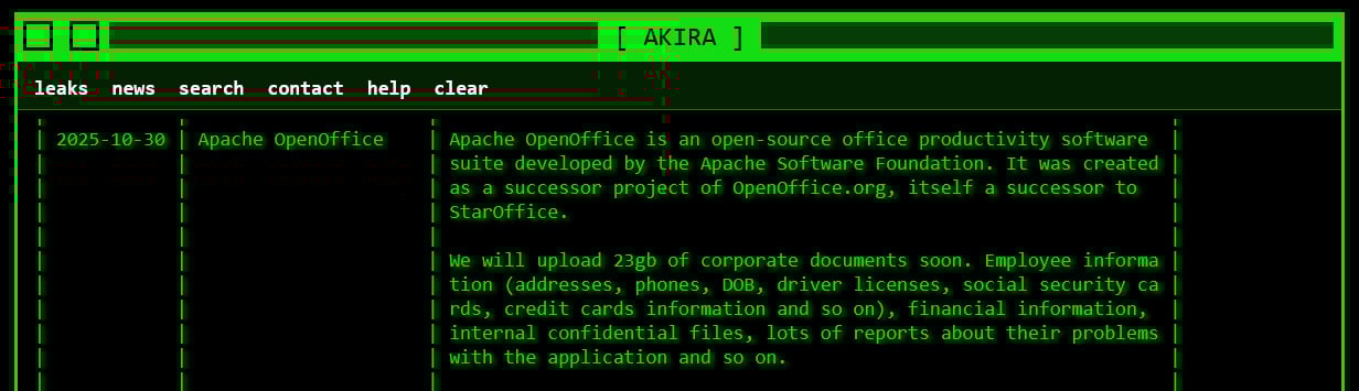 Entrada do Apache OpenOffice no site de vazamento de dados de Akira