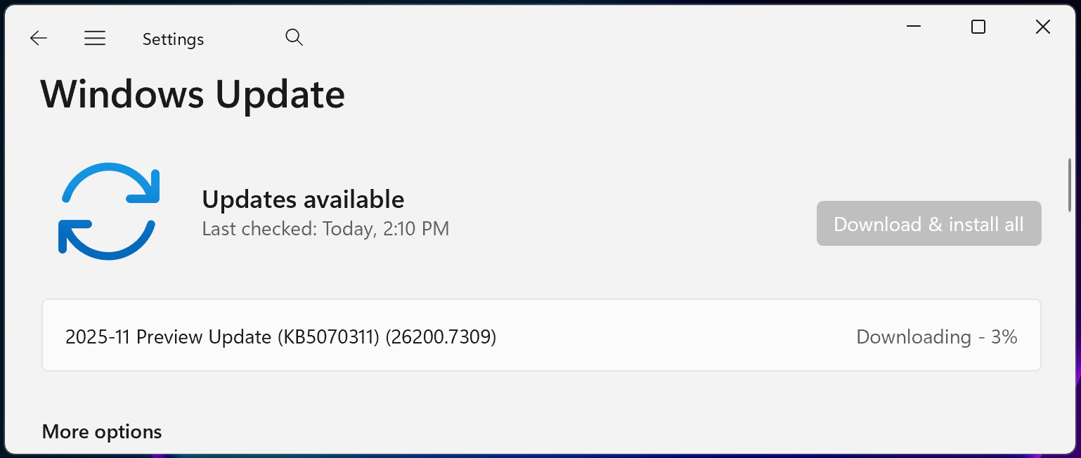 KB5070311 atualiza&ccedil;&atilde;o de pr&eacute;via