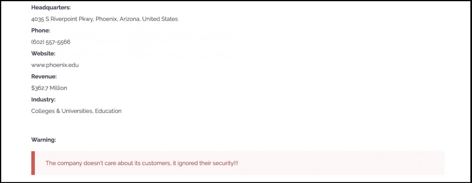 Entrada da Universidade de Phoenix no site do vazamento de Clop