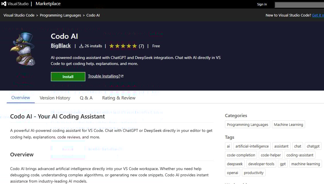 CodoAI no mercado VSCode