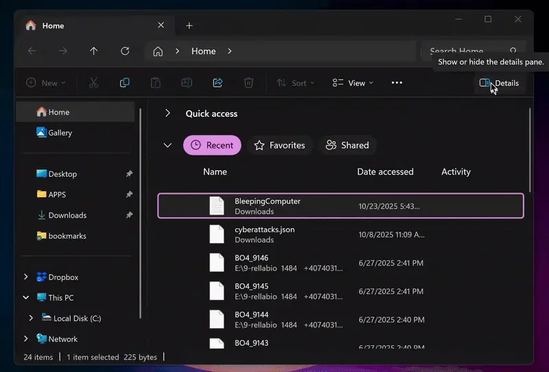O Explorador de Arquivos pisca ao abrir detalhes do arquivo